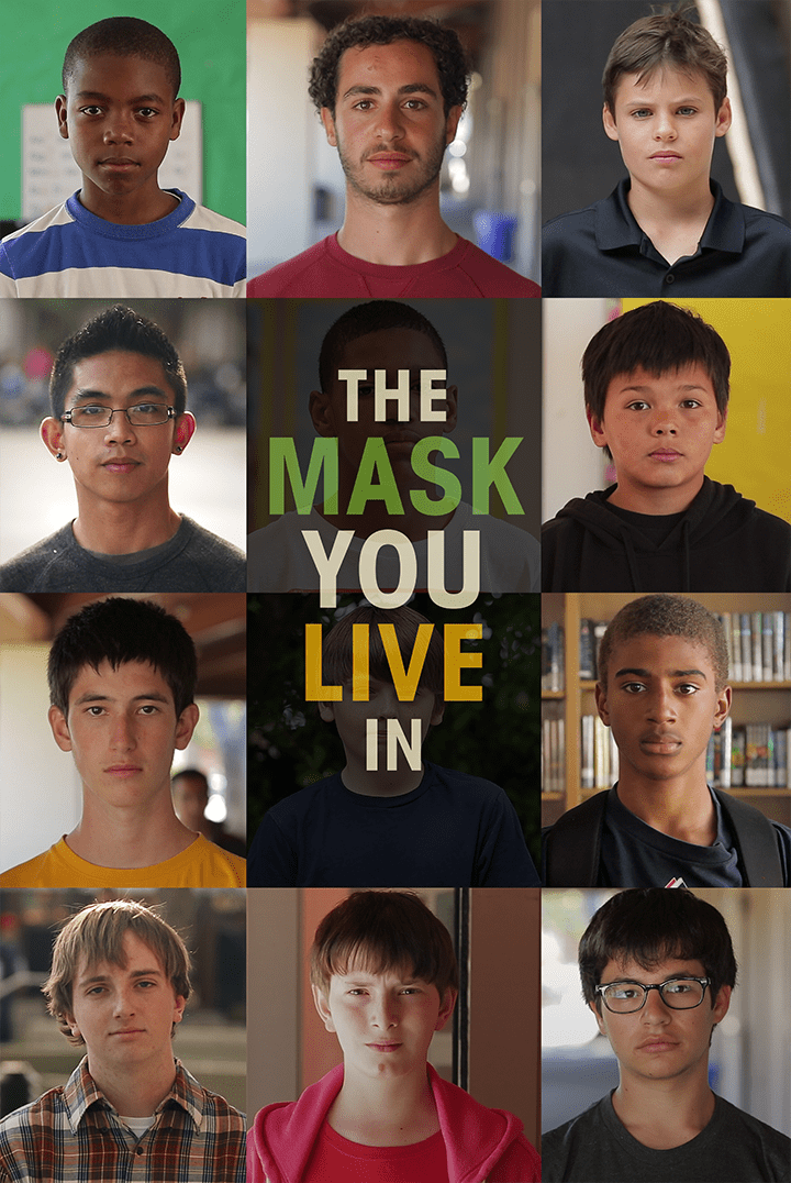 A collage of twelve people with the text "The Mask You Live In" in the center. The diverse individuals, representing various ages and ethnicities, face the camera with neutral expressions. They are set against different backgrounds like classrooms and outdoor spaces.