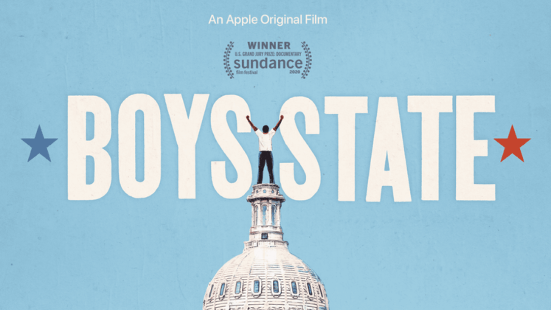 A flyer for "Boys State" movie. An illustration of a boy standing on top of a capitol building.