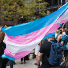 Trans Pride march, there is a large Trans Pride flag
