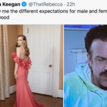 Screenshot of tweet from Rebecca Keegan. The tweet says: Siri show me the different expectations for male and female presentation in Hollywood. The tweet includes two pictures: an actress in a gown and an actor in a tie-dye hoodie.