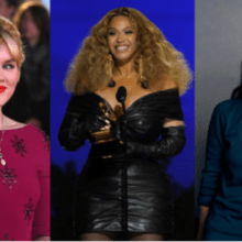 Compilation of three pictures of women from the Oscars or Grammys: Emerald Fennell, Beyonce, and Chloe Zhao