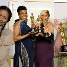 Compilation of three photos from the Oscars where different women hold up their awards.