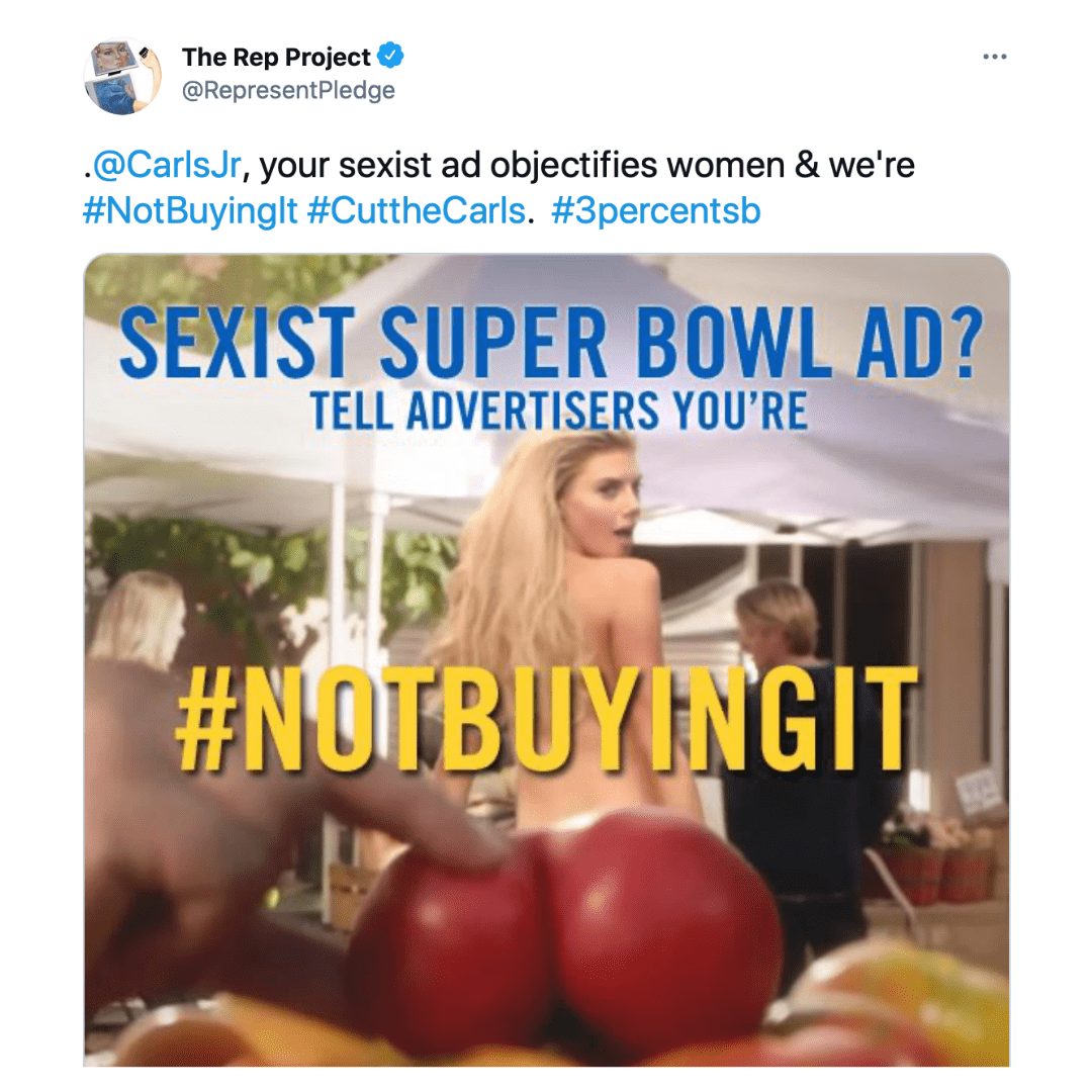 A tweet from The Rep Project shows an image of a woman in a bikini with the text "SEXIST SUPER BOWL AD? TELL ADVERTISERS YOU'RE #NOTBUYINGIT." The hashtag #MediaWeLi is also prominently displayed. In the foreground, two tomatoes are held to resemble breasts.