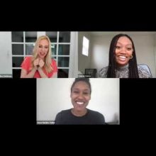 A video call screenshot featuring three women celebrating motherhood. The top left woman wears a pink blouse and gestures with her hands. The top right woman, in a patterned top, smiles widely. The bottom center woman, in a dark top, also smiles. Each has a name label below them.