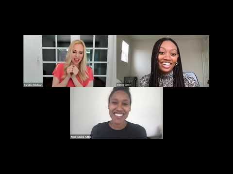 A video call screenshot featuring three women celebrating motherhood. The top left woman wears a pink blouse and gestures with her hands. The top right woman, in a patterned top, smiles widely. The bottom center woman, in a dark top, also smiles. Each has a name label below them.
