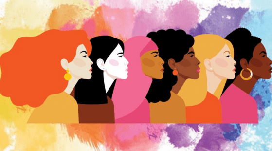An illustration of different women in profile. The women are different races, with different hairstyles.