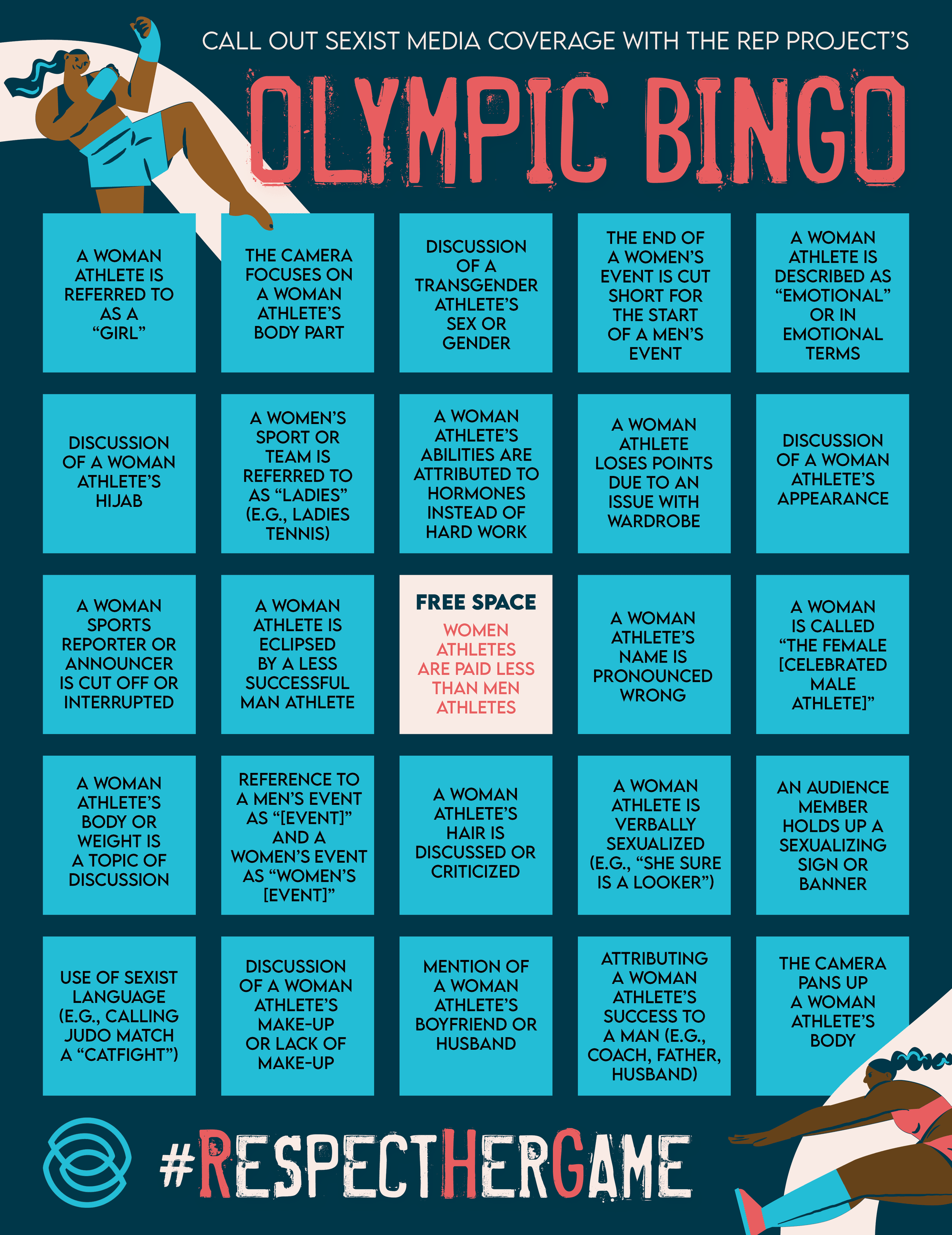 An Olympic Bingo card titled "Call out sexist media coverage with The Rep Project's Olympic Bingo" highlights harmful behaviors like focusing on women's marital status or using diminutive language. Speak out and join the movement: #RESPECTHERGAME.