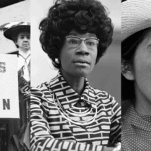 Three pictures of significant moments/eras in women's history.