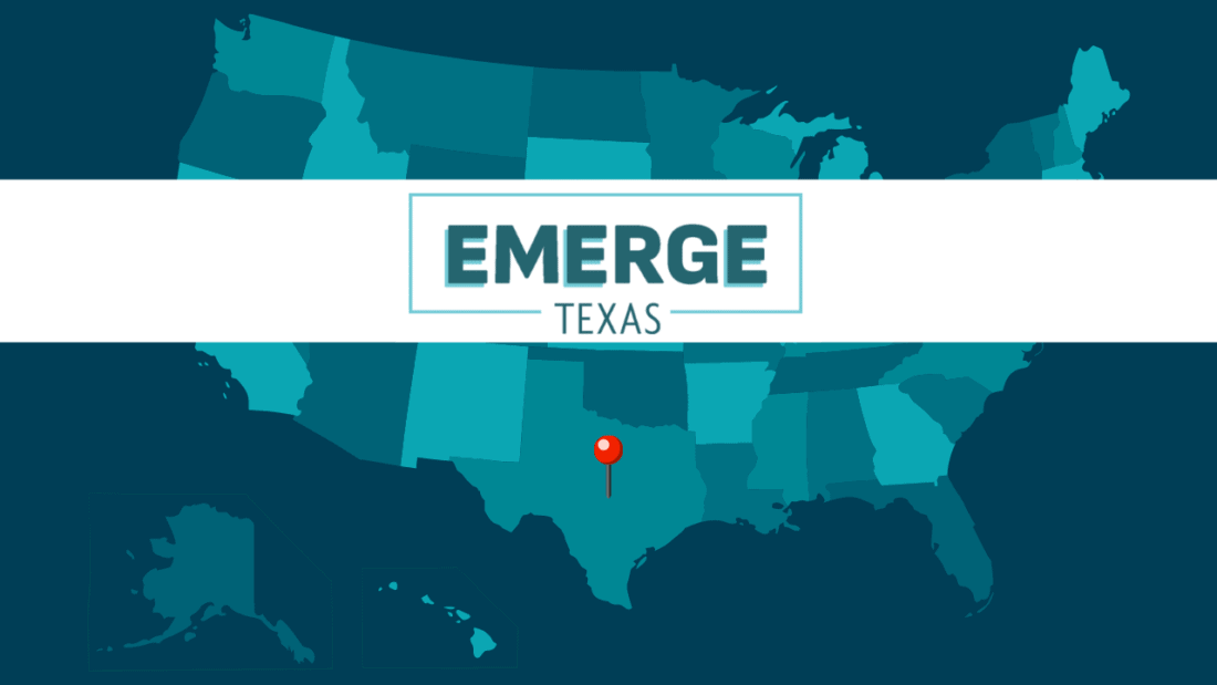 Map of the US, with a pin on Texas. Emerge Texas Logo over map.