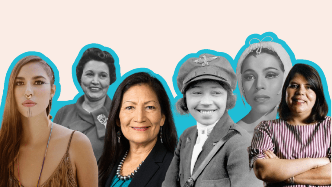 A photo collage of Quannah Chasinghorse, Mary G. Ross, Deb Haalan, Bessie Coleman, Maria Tallchief, and Wilma Mankiller
