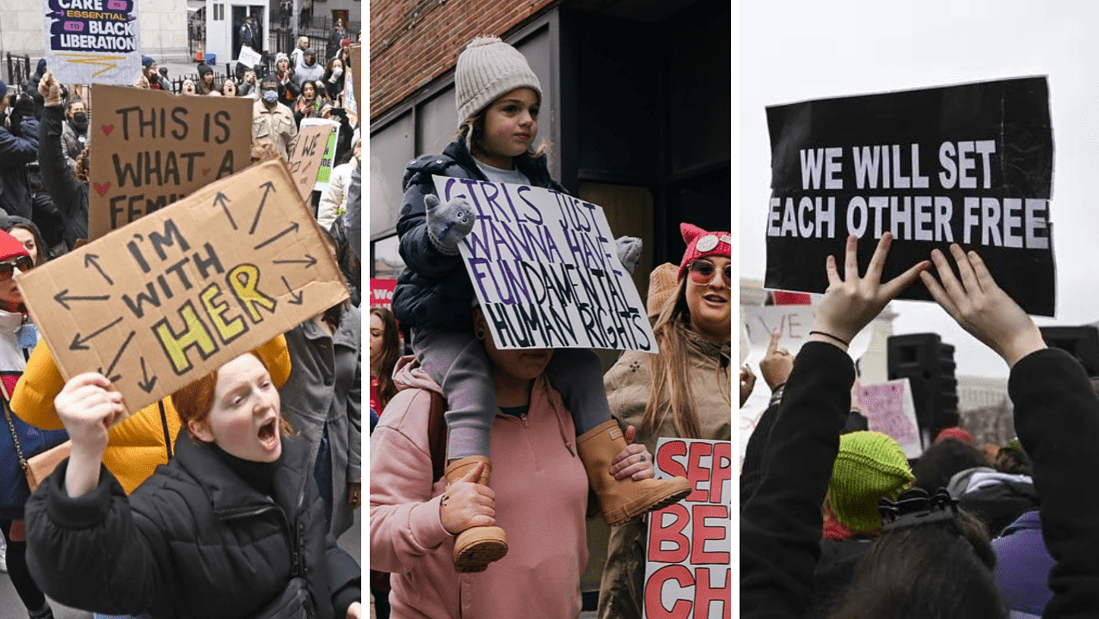 3 signs from the 2023 Women's March: "I'm With Her," "Girls Just Wanna Have Fundamental Rights," and "We Will Set Each Other Free"