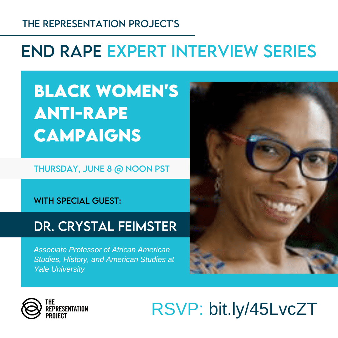 Event flier for an interview with Dr. Crystal Feimster on Black women's anti-rape campaigns