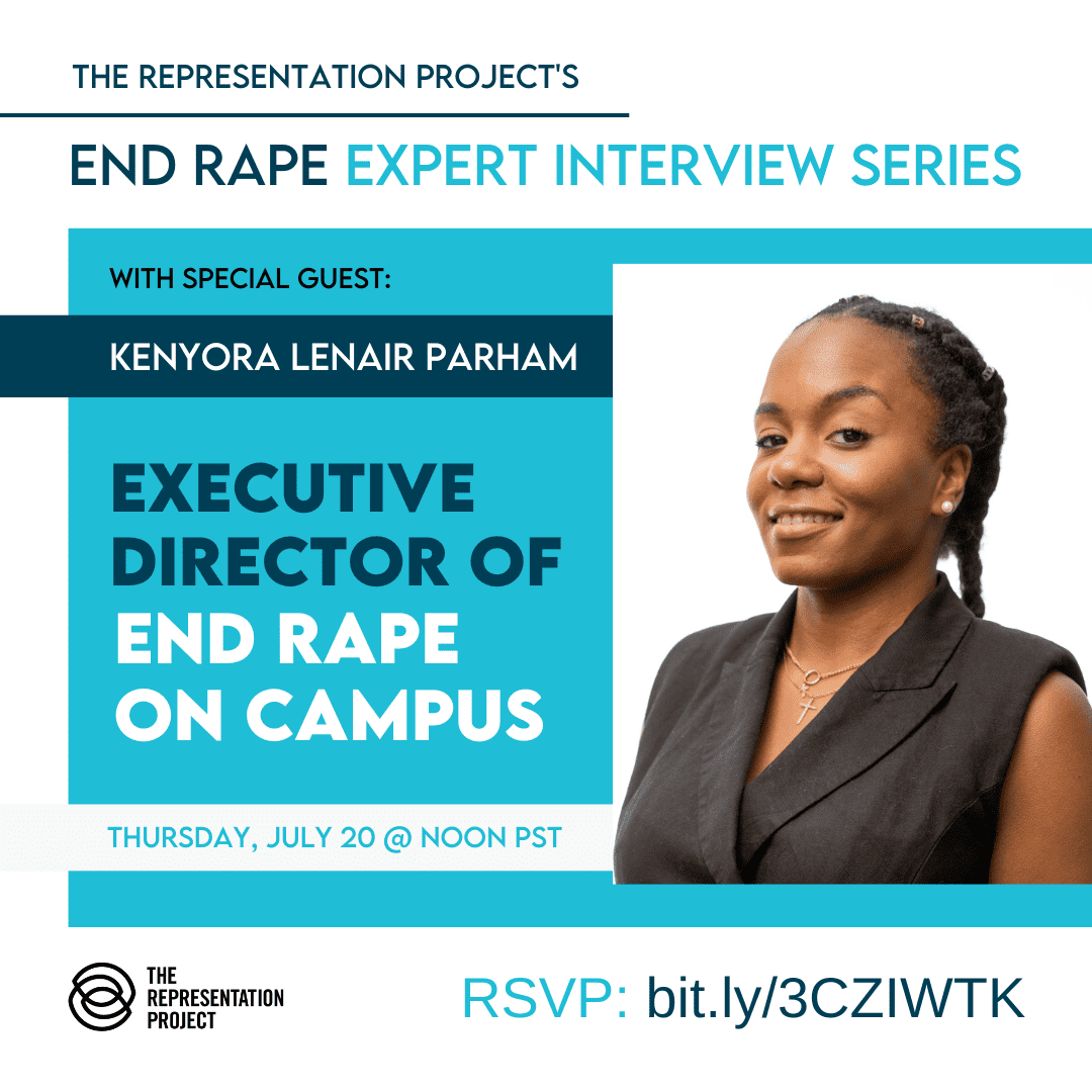 Event flier for an interview with Kenyora Lenair Parham, Executive Director of End Rape On Campus