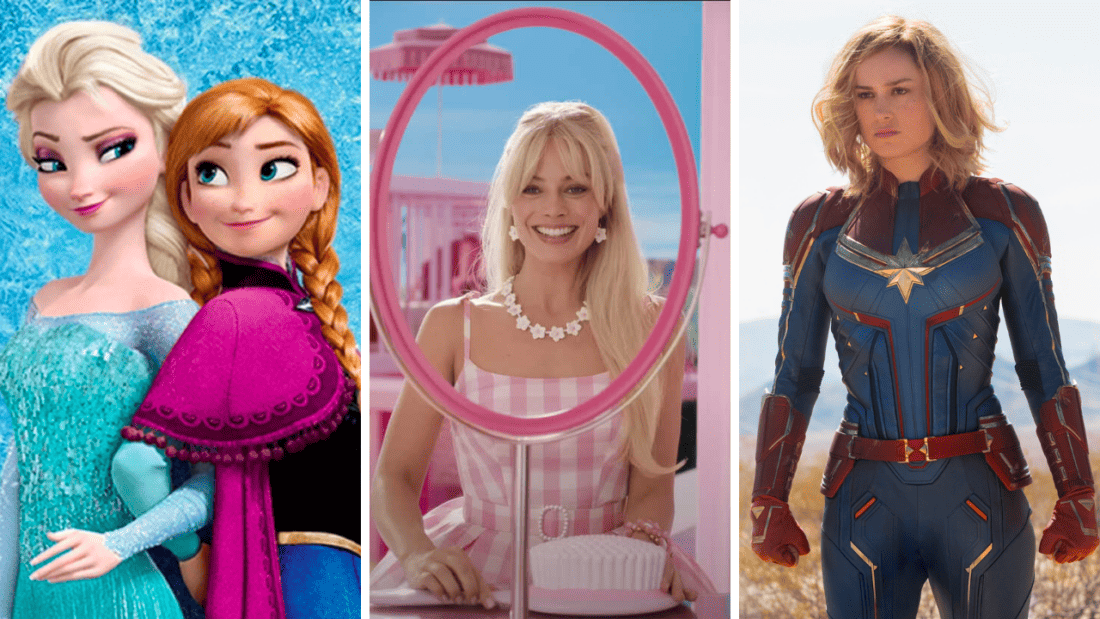 Images of main characters from Frozen (Anna and Elsa), Barbie (Stereotypical Barbie), and Captain Marvel (Carol Danvers)