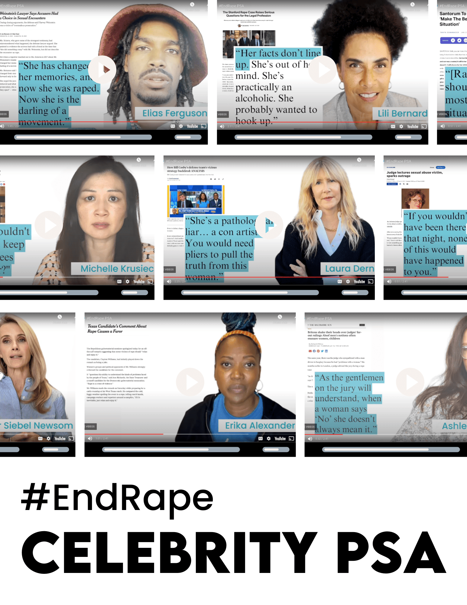 A collage of images features various celebrities with video playback buttons, captioned with their statements about #EndRape. Celebrities like Elias Ferguson and Laura Dern are included. Each photo has a notable quote. Text at the bottom reads "#EndRape CELEBRITY PSA - The Representation Project Website.