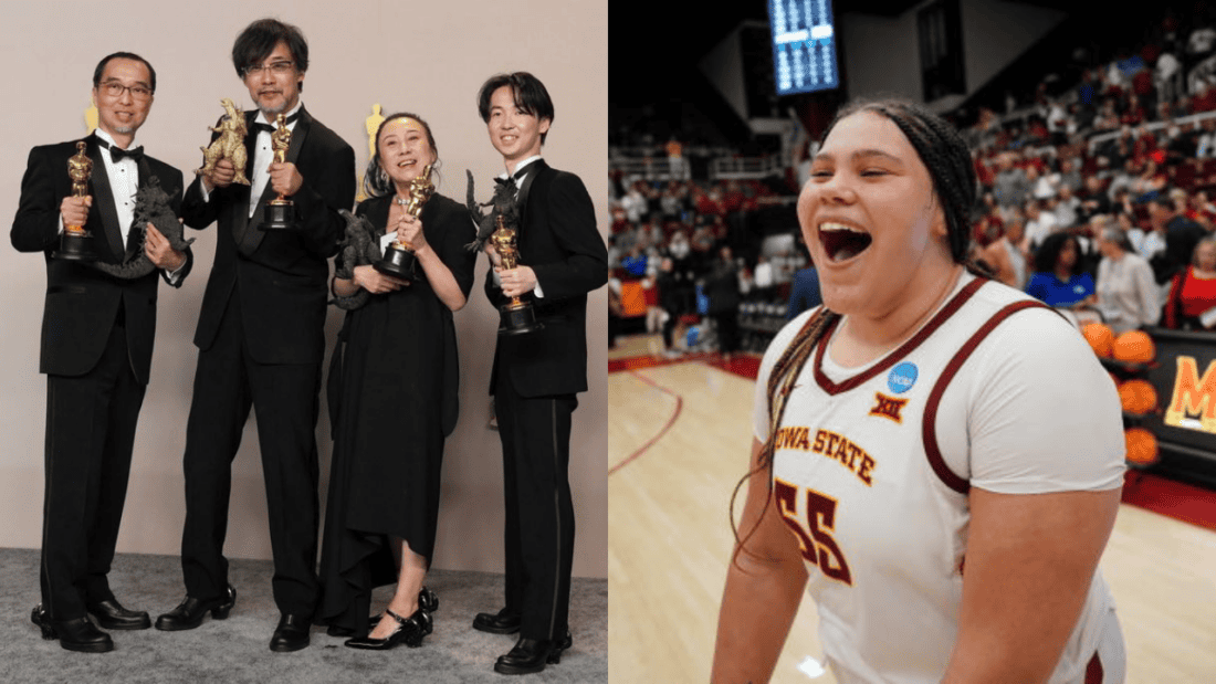 Photos of the "Godzilla Minus One" team and the 2024 Oscars and Iowa State basketball player Audi Crooks