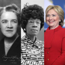 A photo collage of Victoria Woodhull, Margaret Chase Smith, Shirley Chisholm, Hillary Clinton, and Kamala Harris.