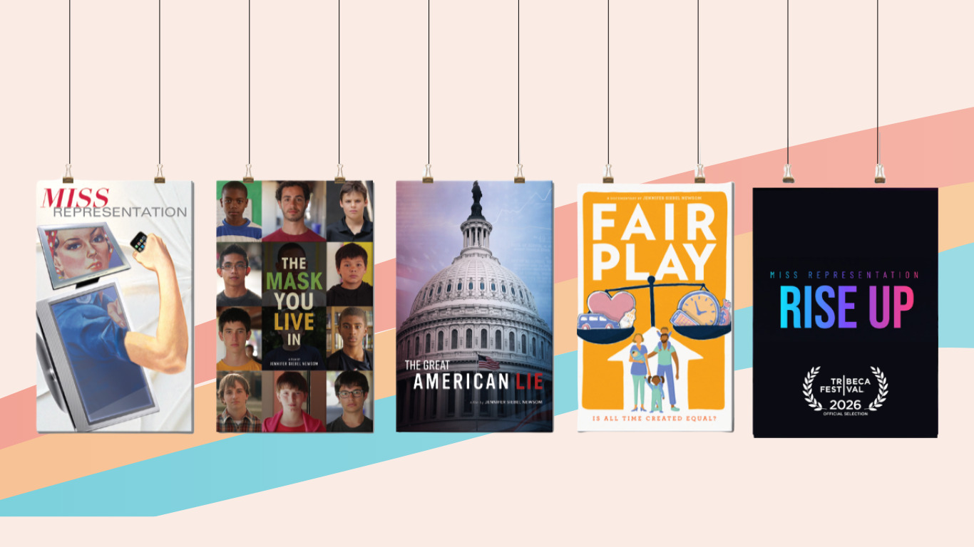 Five documentary film posters hang side by side on The Representation Project Website. Titles include "Miss Representation," "The Mask You Live In," "The Great American Lie," "Fair Play," and "Miss Representation: Rise Up," set against soft pastel shapes.