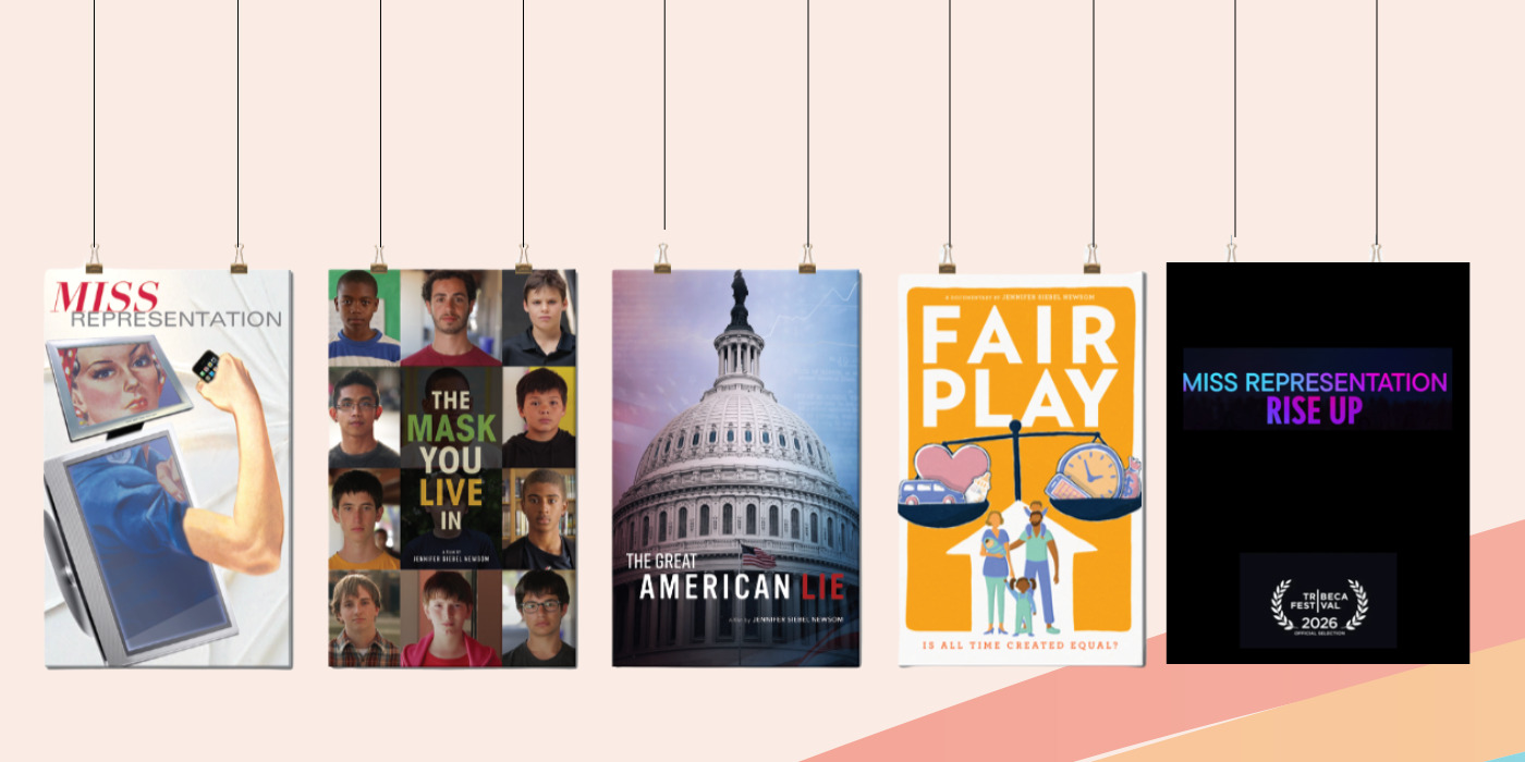 Five documentary posters hang in a row against a light background, featuring titles like "Miss Representation" and "Fair Play," all showcased on The Representation Project Website.