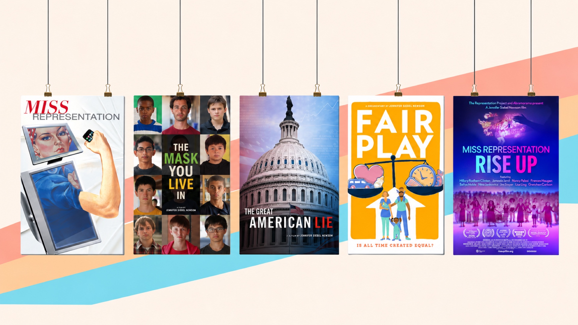 Five documentary posters are displayed hanging side by side, including “Miss Representation,” “The Mask You Live In,” “The Great American Lie,” “Fair Play,” and “Miss Representation: Rise Up.” These impactful films, featured on The Representation Project Website, explore vital social issues through compelling storytelling.